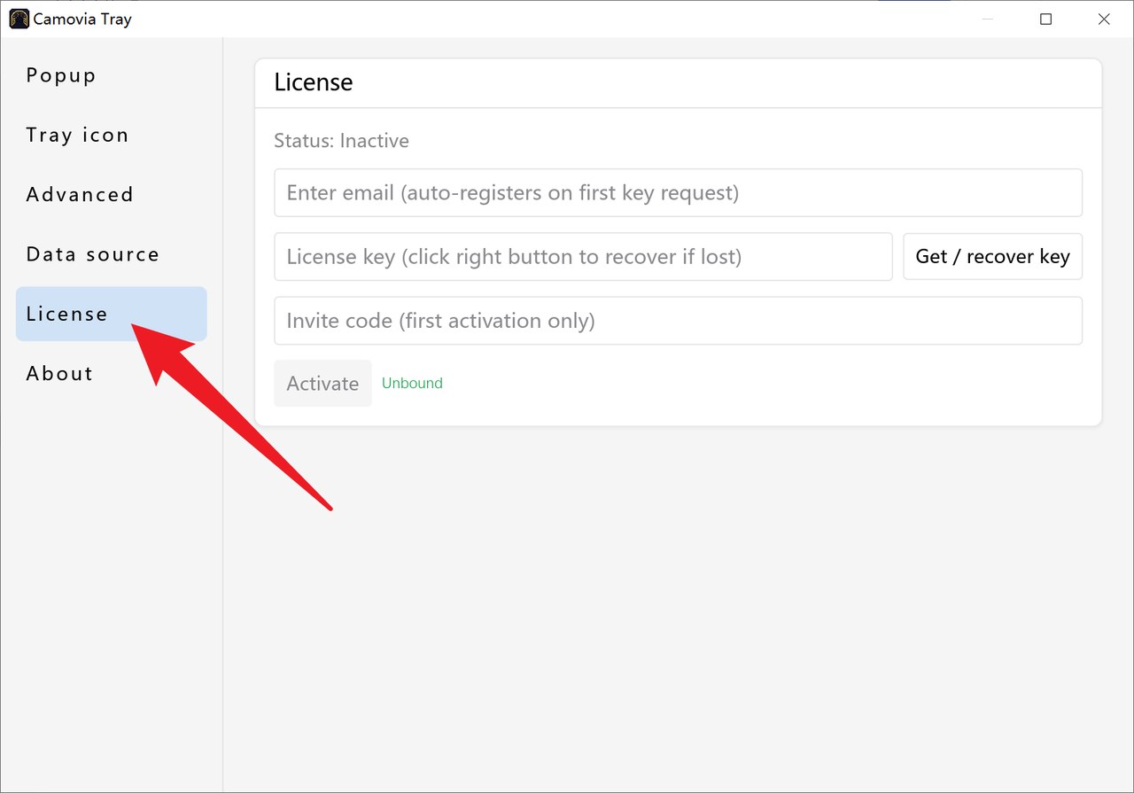 License page: enter your email, get or retrieve a key, fill in an invite code, and click Activate (English UI)
