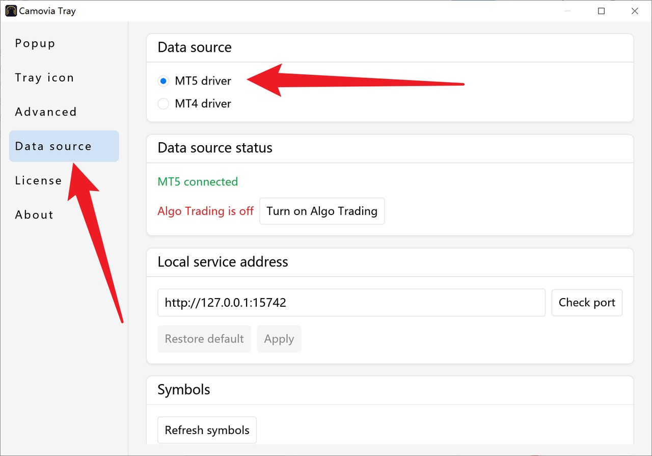 The Data source page in Settings, choosing the terminal to use (English UI)