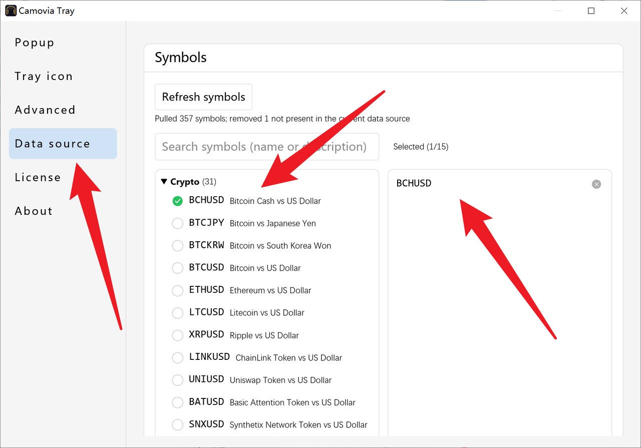 Symbol selection in Settings: pick symbols on the left and they appear in the list on the right (English UI)