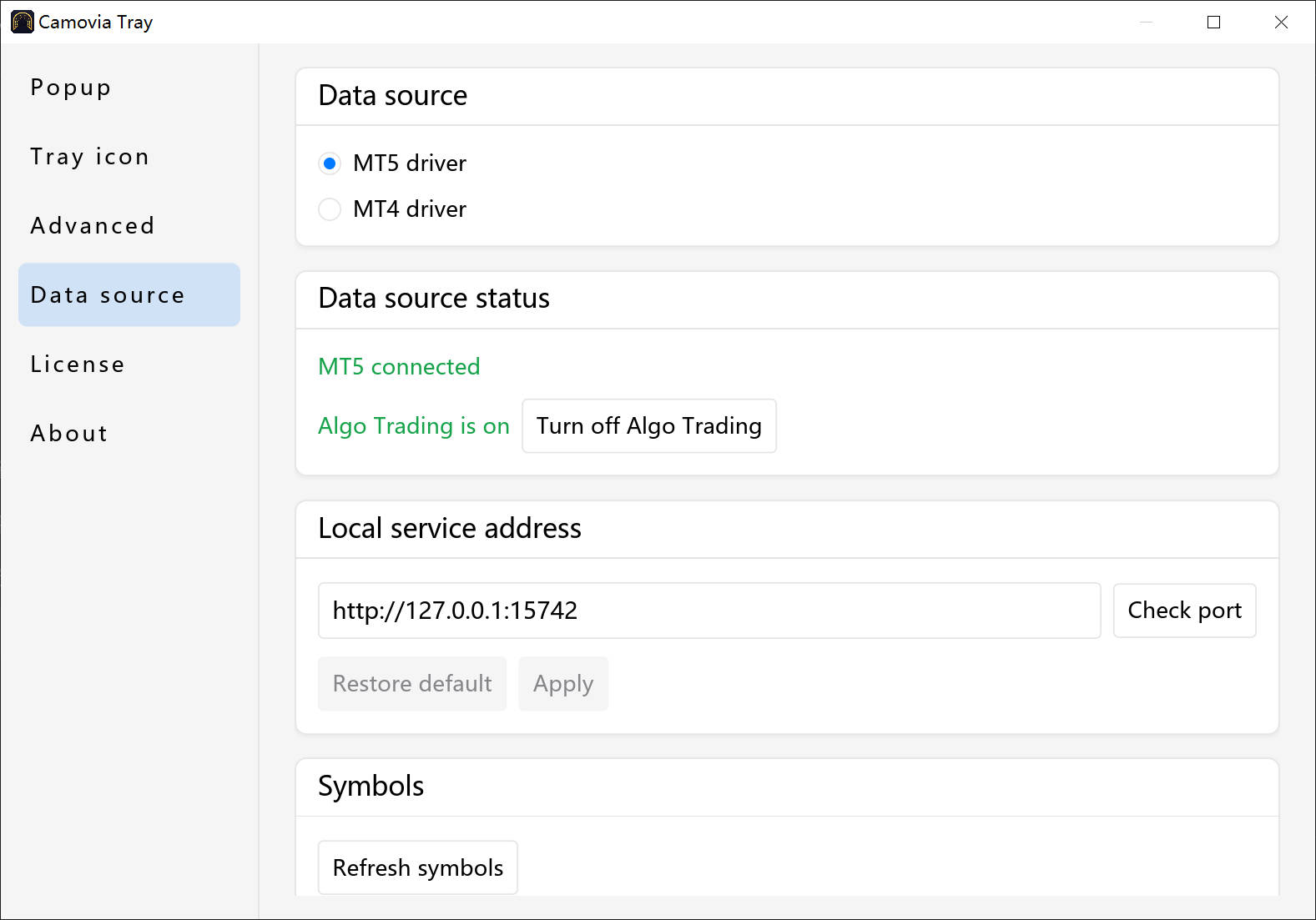 The Data Source page in Settings