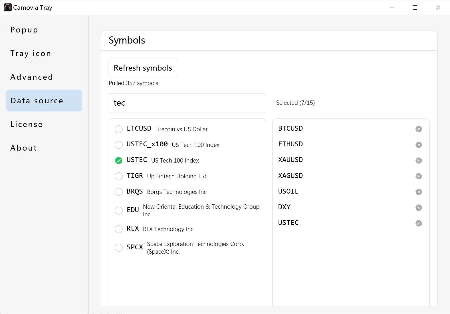 Symbol selection below the Data Source page: pick symbols on the left and they appear on the right (English UI)